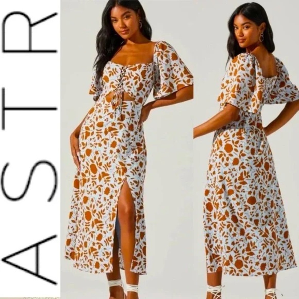 ASTR Lace Up Flutter Sleeve Cut Out Floral Midi Dress